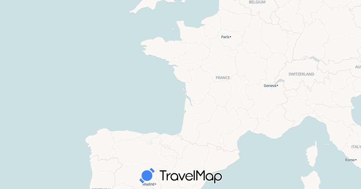 TravelMap itinerary: driving, hiking, marche retour in Spain, France (Europe)